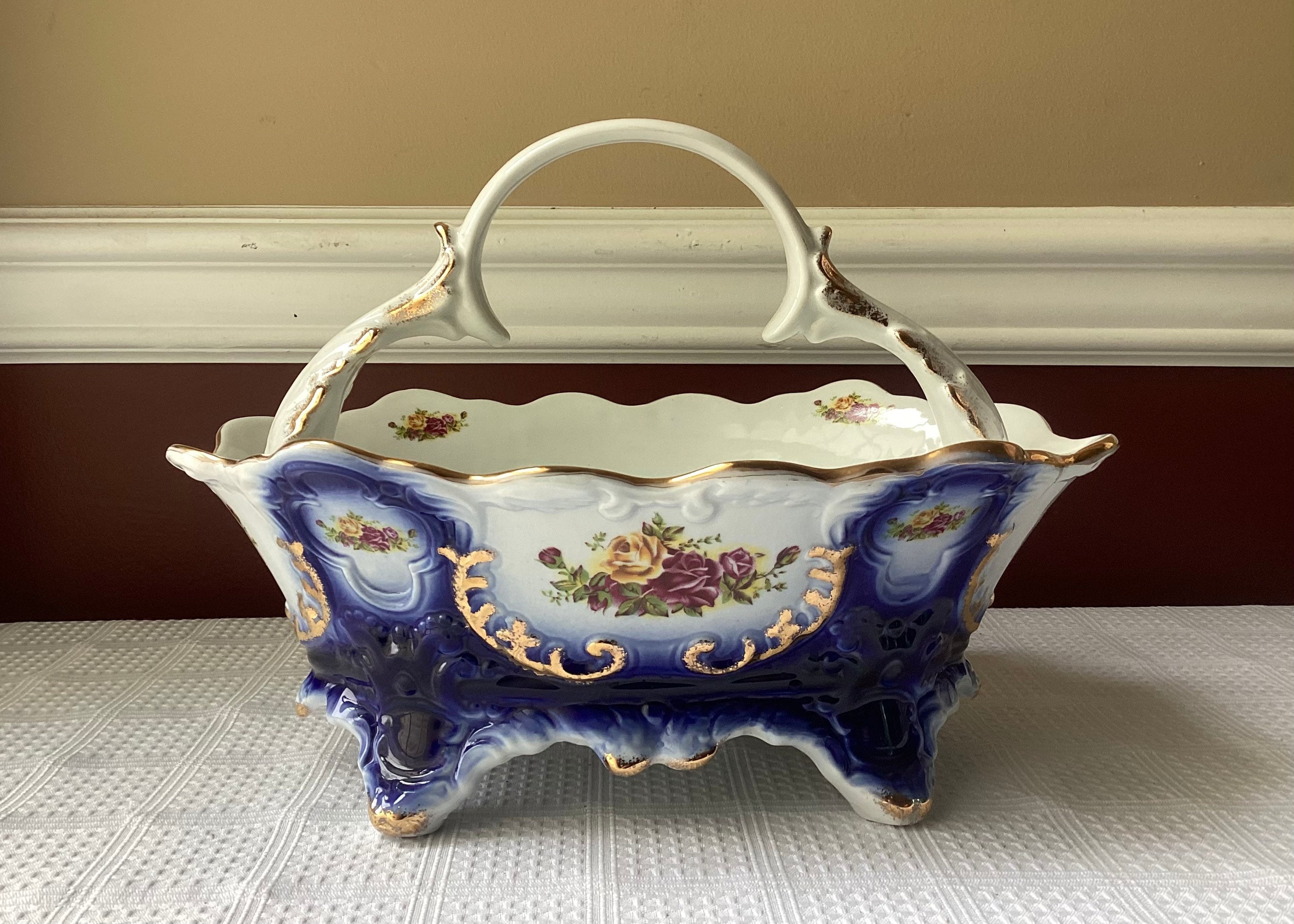 Antique ARPO Fine Porcelain Floral Footed Basket/bowl, Romania