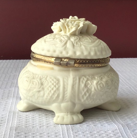 Vintage Porcelain & Brass Monochrome Trinket Box … - image 1