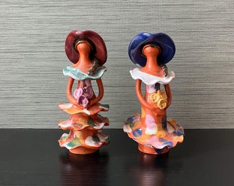 Vintage Pair of Colorful South American Clay Lady Figurines – Handmade Folk Art