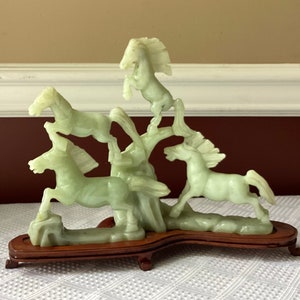 Vintage Chinese Jade Herd of Horses Statue on Wooden Base, 9 1/2” W