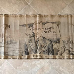 Vintage Lindbergh Spirit of St. Louis France Tapestry Runner NY to Paris, 54&quot;L