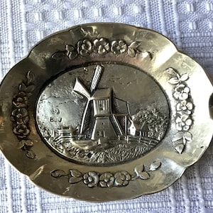Antique Small Repoussé Silver (800) Ashtray with Windmill Design, 0.9 OZ