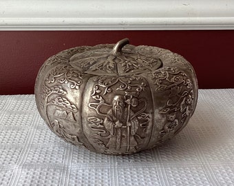 Antique Late Qing Chinese Silver Plate Repoussé Pumpkin Covered Bowl, Da Qing Qianlong Nian Zhi