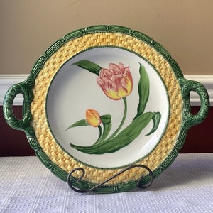 Vintage Ceramic Pottery Handled Round Platter, Tulip-design, Stangl-style, Hand Painted Italy