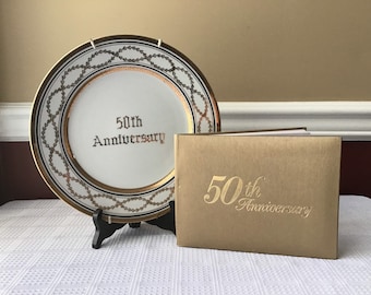 Vintage Porcelain Wall Hanger Plate, Gold Embellishments, 50th Anniversary + Guest Book