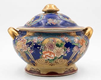 VTG Chinese Porcelain Tureen, Hand Painted, Royal Blue & Gold Floral, 12 3/4” L.