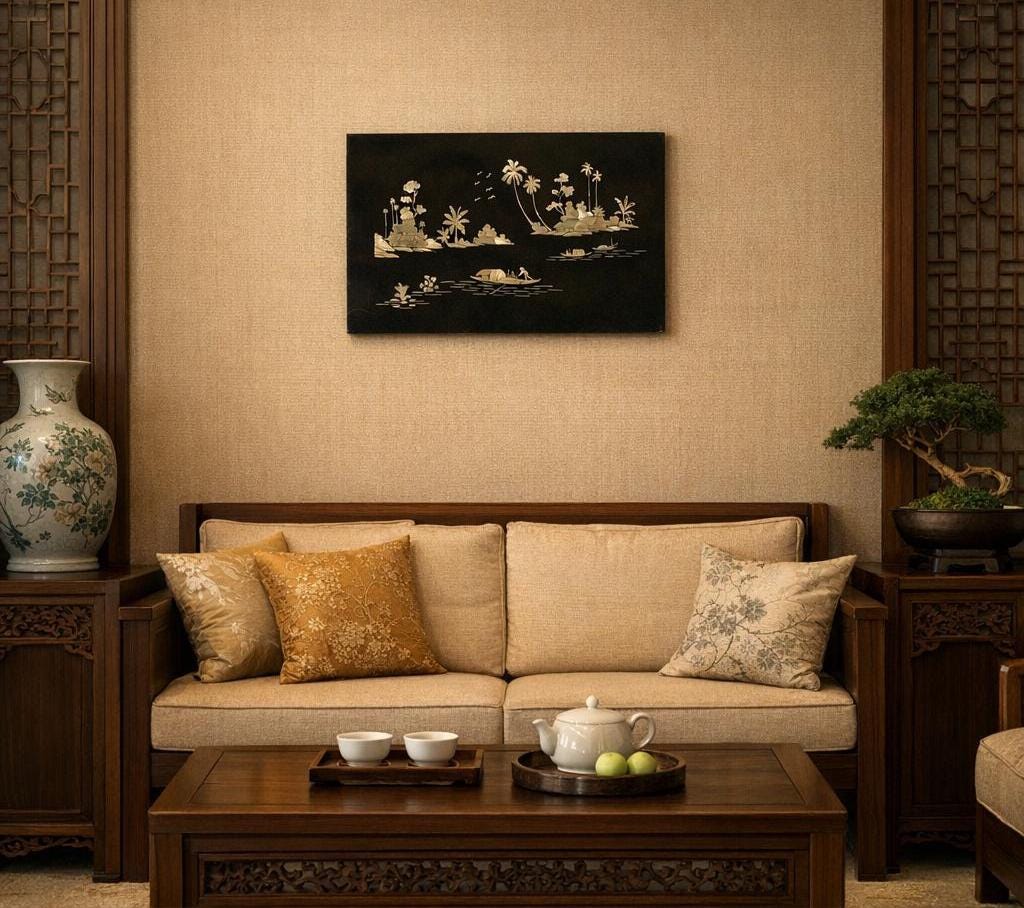 ヴィンテージアジア - ベトナム手塗りブラックラッカーウォールアート Vietnamese Black Lacquer Art - Etsy