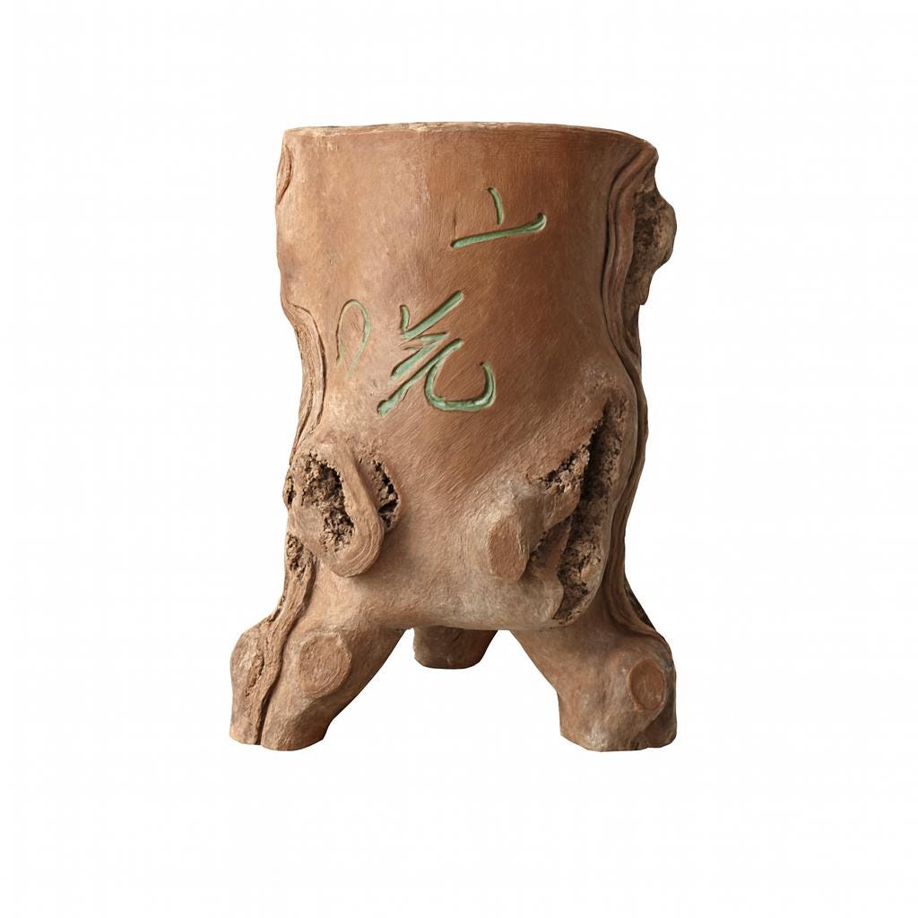 Antique Zisha Ware Chinese Yixing Tree Trunk Brush Holder, Signed
