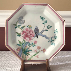Antique Chinese Porcelain Plate, Bird In A Flowering Tree, 4 Character Marking