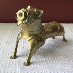 Vintage Chinese Brass Foo Dog Figurine, 7 5/8 inches Long