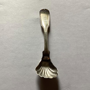 May include: A silver teaspoon with a shell-shaped bowl and an engraved monogram. The handle is ornate and has a rounded top.