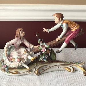 Vintage Dresden Porcelain Boy & Girl On a Log Seesaw/ Teeter Totter Figurine