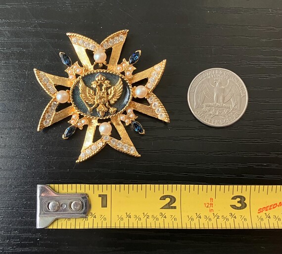 Russian Maltese Cross Brooch – Faux Pearls, Blue Stones & Crystals View 2
