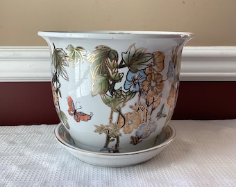 VTG Chinese Kewdos Porcelain Planter, Flower & Butterfly Design, 9 1/8" W