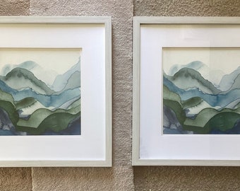 Pair of Impressionist Art Prints Of Mountains, Framed