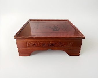 VTG Japanese Wooden Carved Serving Table/ Tray, Taishan Hokuto Snow Pine Garden
