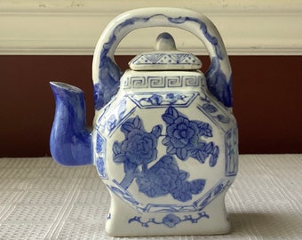 VTG Chinese Porcelain Teapot for One Hand Painted Blue & White Floral Teapot