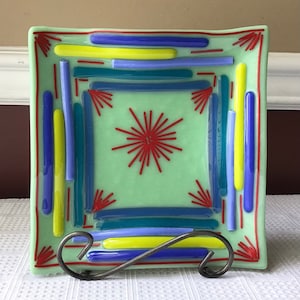 Vintage Greek Mixaha Square Art Glass Plate, 8” X 8”