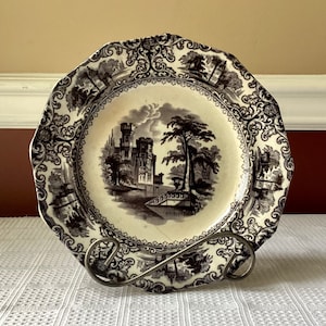 Antique British Porcelain Plate, “Foliage,” Blue & White Plate, Castle, 9 1/8”