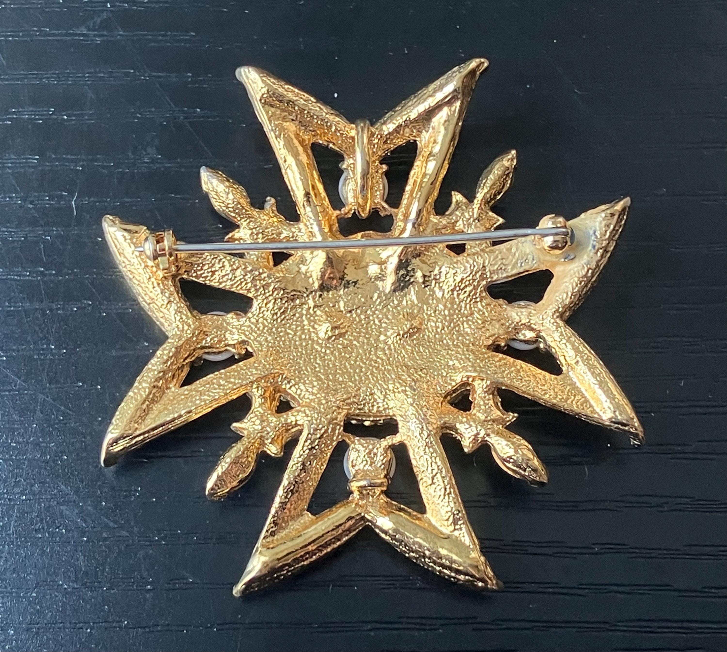 Russian Maltese Cross Brooch – Faux Pearls, Blue Stones & Crystals