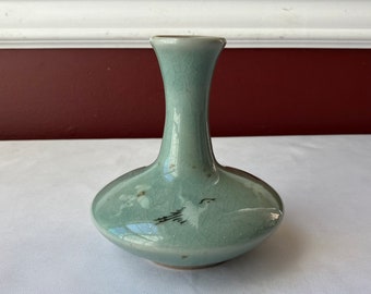 Antique Japanese Porcelain Celadon Bud Vase With Seabirds, 4" T, Marked