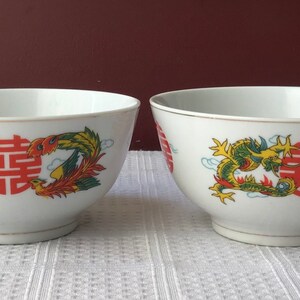 Pair of 2 Vintage Chinese Porcelain Rice Bowls, Chinese Dragon, Phoenix, and Happiness