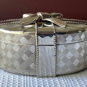 Vintage Metal Gift with Bow Trinket Box with Blue Lining