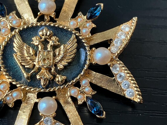 Russian Maltese Cross Brooch – Faux Pearls, Blue Stones & Crystals View 5