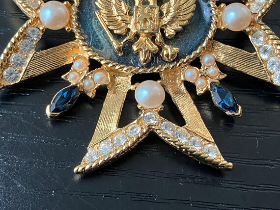 Russian Maltese Cross Brooch – Faux Pearls, Blue Stones & Crystals View 6