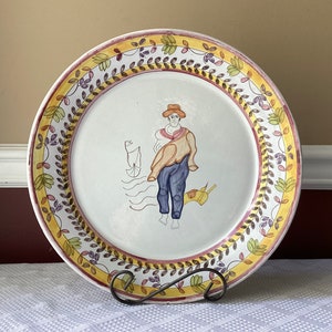 Large Vintage Ceramic Pottery Platter, Portugal, 13 1/2” W, Depicting a Man