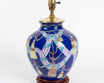 VTG Chinese Cobalt Blue Porcelain Vase Lamp Hand Painted Tassels Ribbons, 16.75”