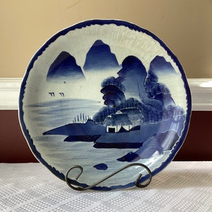 Antique Japanese Blue & White Porcelain Bowl + Stand, 11 1/2” W x 2” T, Unmarked