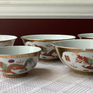 Set of 5 Vintage Chinese Porcelain Bowls with Dragon & Phoenix Design