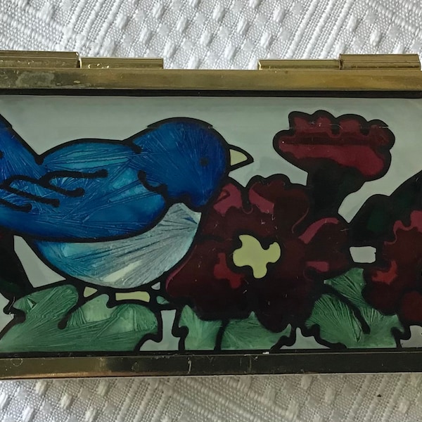 Vintage Joan Baker Designs Hand Painted Stained Glass & Brass Trinket Box