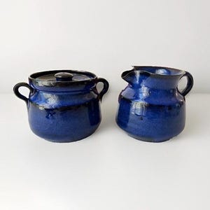 VTG Vibrant Blue Glazed Terracotta Pottery Sugar Bowl & Creamer, Unmarked
