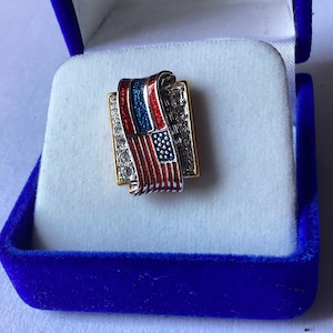 Patriotic US Flag Enameled Pin and Decorated With Crystals With Gift Box