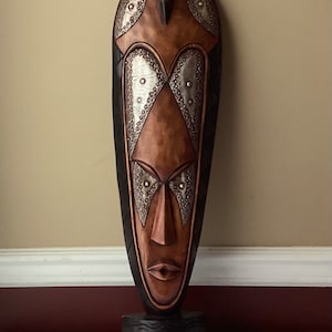 VTG African Ghanaian Wooden Mask With Metal Decoration, 29 1/2” T, Unmarked
