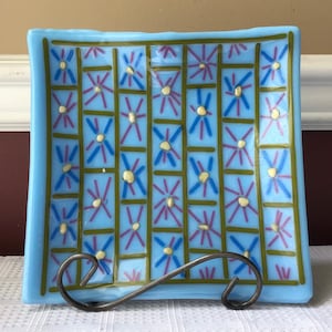 Vintage Greek Mixaha Square Art Glass Plate, 8” X 8”