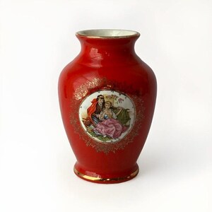 Vintage Small Red Porcelain Victorian-style Vase, Marked, 4 5/8" T, Mexico