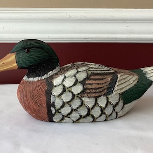 Vintage Wooden Mallard Duck Figurine, 11” L, Marked “Mallard”