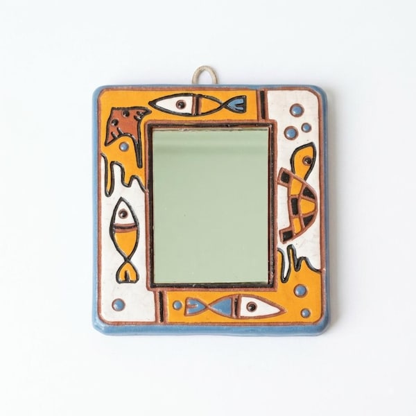 Vintage Folk Art Terracotta Ceramic Fish Mirror Small Wall Hanging Coastal Decor