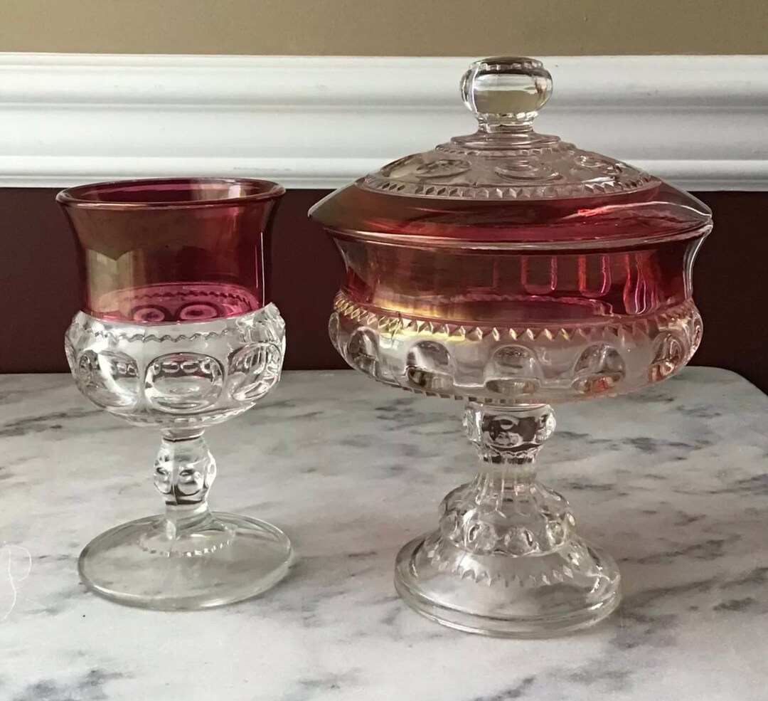 Lot of 2piece Vintage Cranberry Flash Glass Compote and Wine Glass Etsy