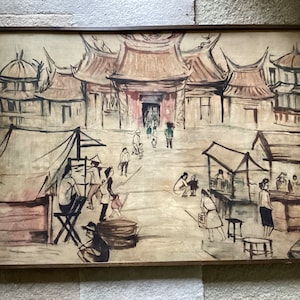 Original VTG Large Oil Painting on Fabric Vietnamese Art, Town Market