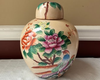 VTG Large Chinese Porcelain Bird & Flower Ginger Jar, 10” x 7 3/4”, Marked
