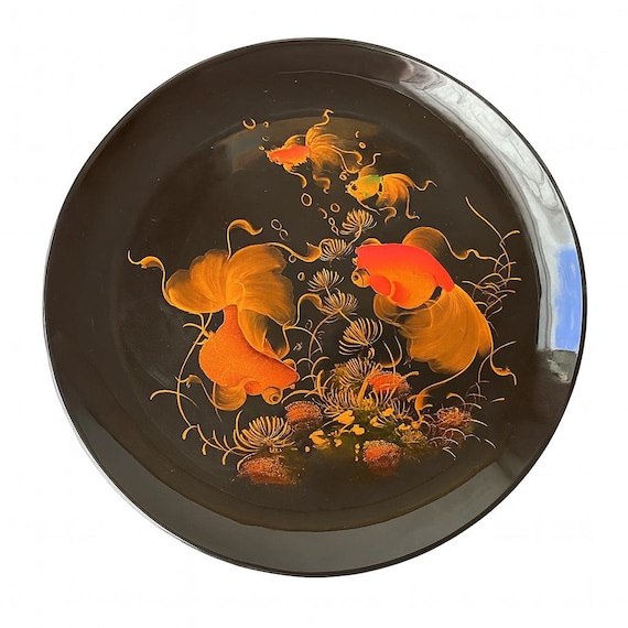 Vintage Asian Black Lacquer Plate W/ Red-orange Koi Fish Motif, 10