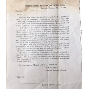 1864 Civil War Circular Letter, Command Of General Schofield, J. A. Campbell