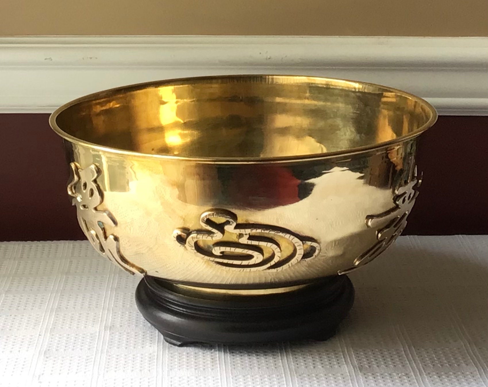 XL Vintage Chinese Brass Bowl With Chinese Characters With Etsy
