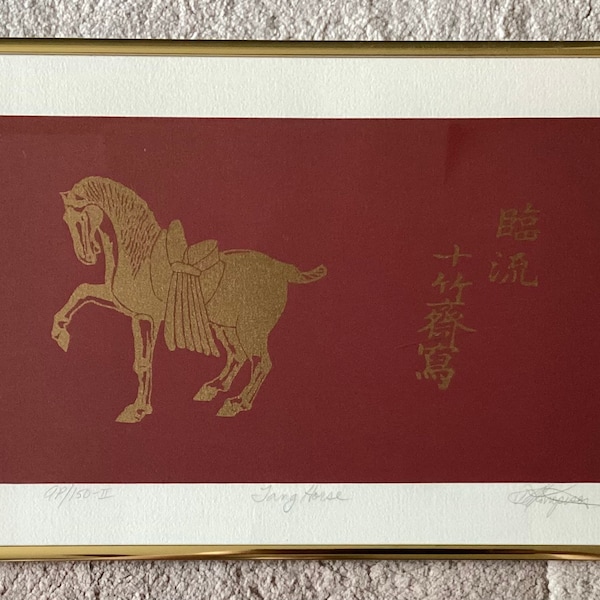 Art chinois vintage, Preuve d’artiste (AP/150-II) Lithographie, « Tang Horse », Crayon signé