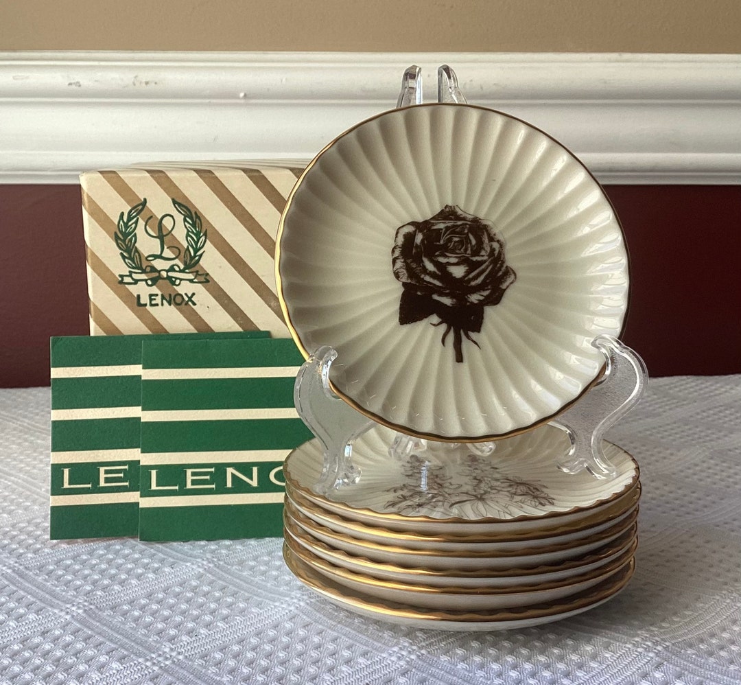 Set of 7 Vintage Lenox Otis Small Porcelain Plates, State Flowers, Etc, Hand Decorated 24k Gold