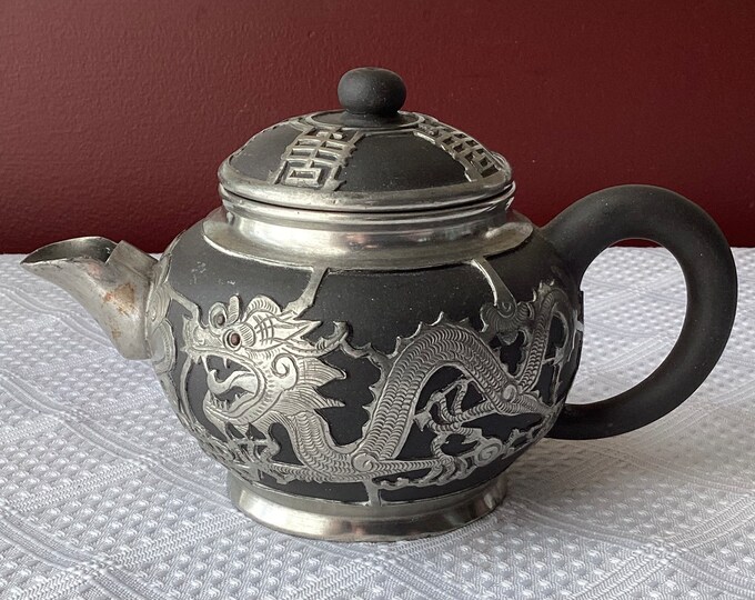 Antique Chinese Dragon Teapot/ Tung King Shun Ceramic & Pewter Teapot